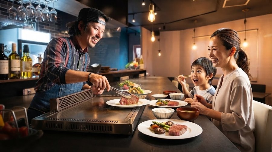 「赤身肉ステーキダイナー アカウシ」で、代表の末次がご家族にお料理を提供している様子