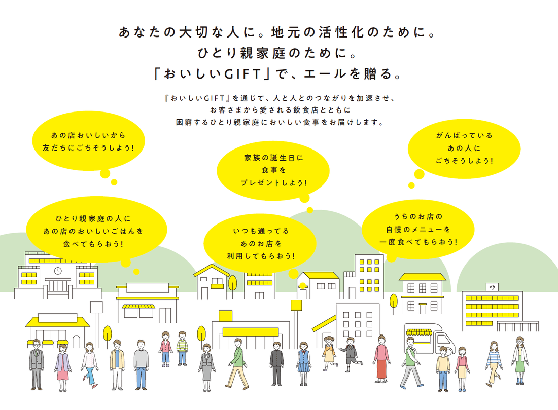「おいしいGIFT」で、エールを贈る。地域の様々な人がそれぞれの想いでギフトを贈り合うイメージイラスト